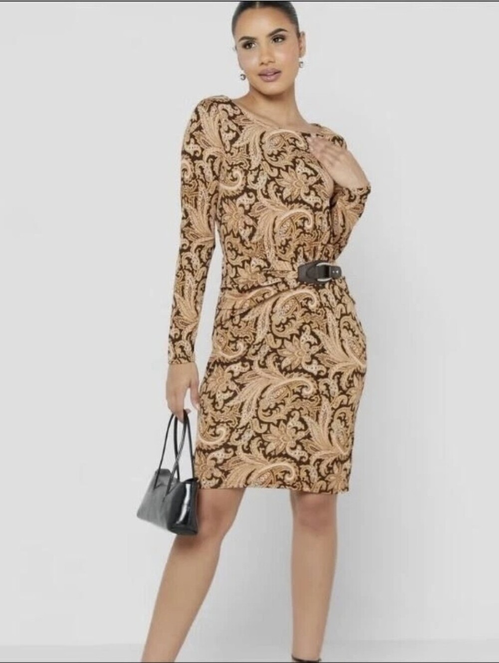 Lauren Ralph Lauren Black and Beige Paisley Long-Sleeve Dress Size 8